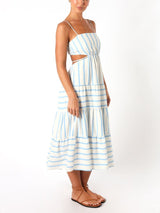 Brízida | Vestido Midi Listrado com Cut-Out Lateral e Babado na Barra