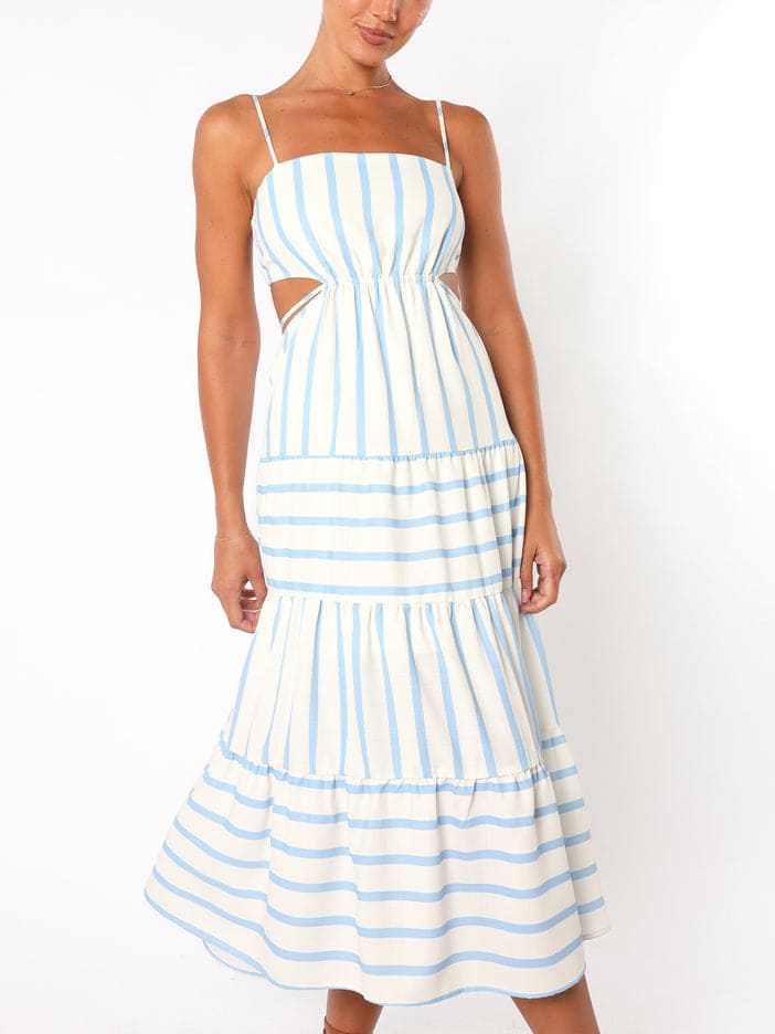Brízida | Vestido Midi Listrado com Cut-Out Lateral e Babado na Barra