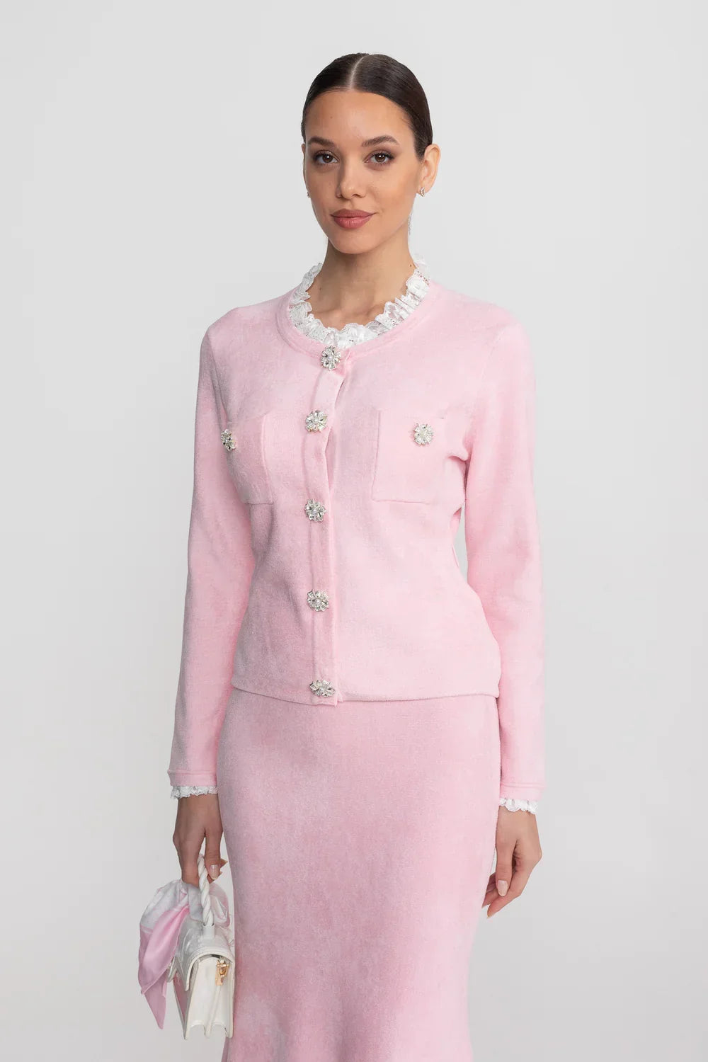 Conjunto Executivo Rosa: Casaco Estruturado e Saia Sereia Midi – Elegância