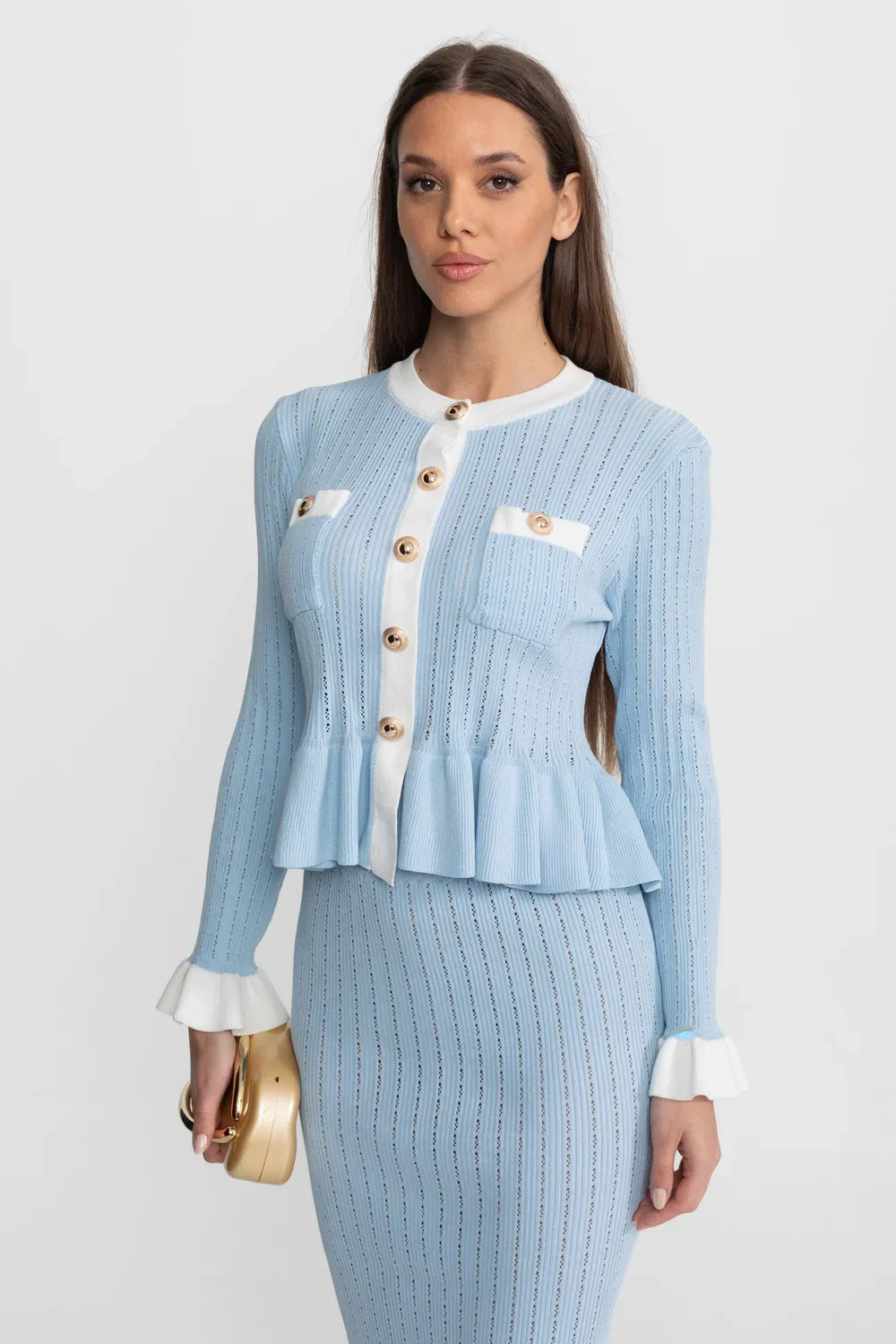 Conjunto Tricô de Duas Peças: Casaco com Peplum e Saia Sereia Midi