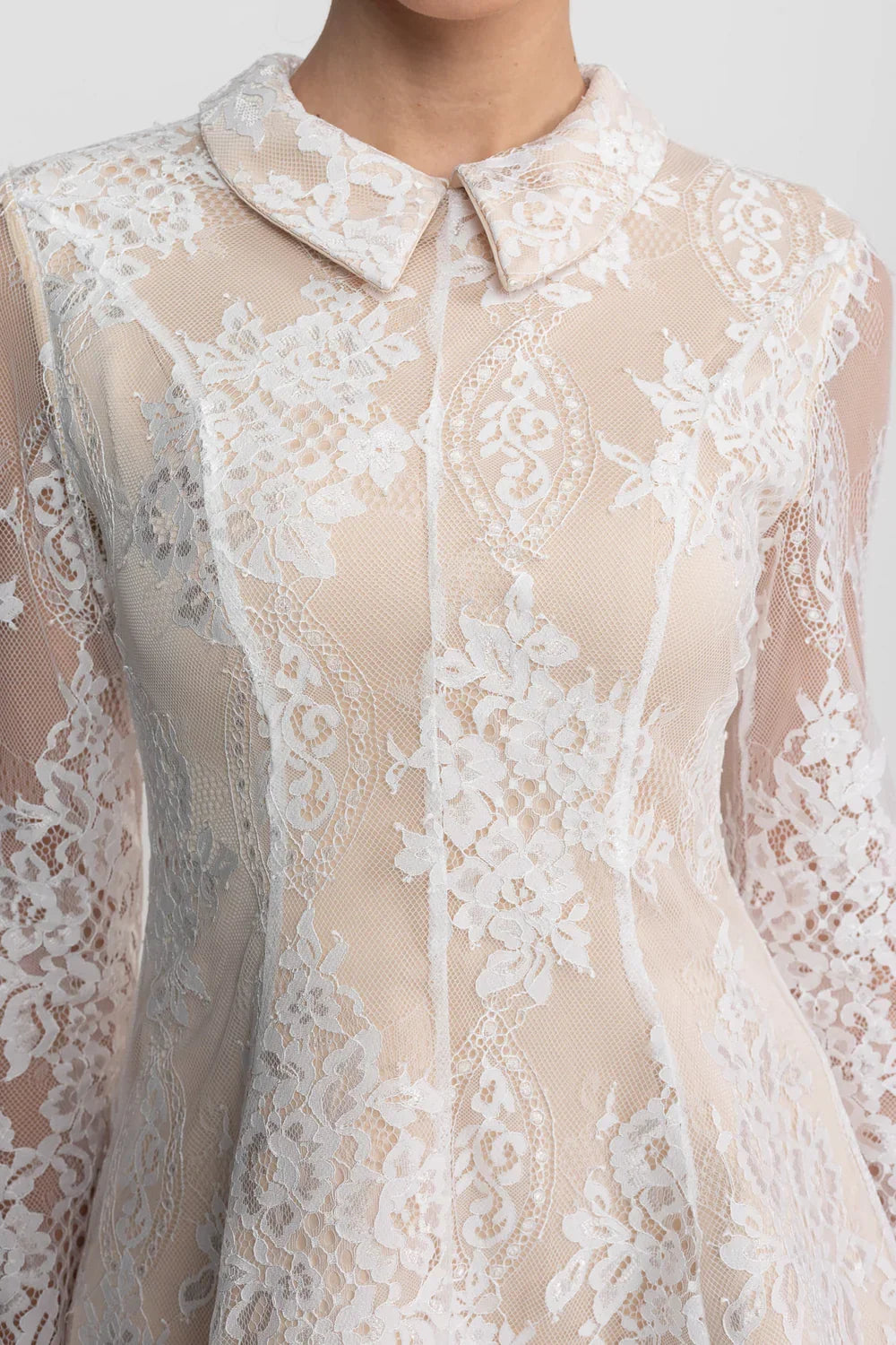 Vestido em Renda Trabalhada com Modelagem Estruturada e Gola Tradicional