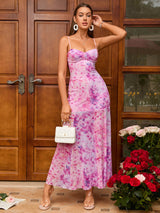 Violeta | Vestido Midi Lilás Tie-Dye com Corpete Franzido e Alças Finas