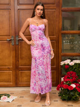 Violeta | Vestido Midi Lilás Tie-Dye com Corpete Franzido e Alças Finas