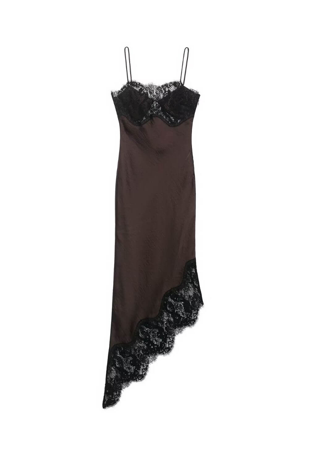 Marie | Slip Dress Fluido com Acabamento em Renda Preta e Barra Assimétrica
