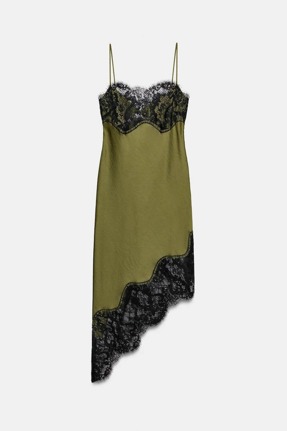 Marie | Slip Dress Fluido com Acabamento em Renda Preta e Barra Assimétrica