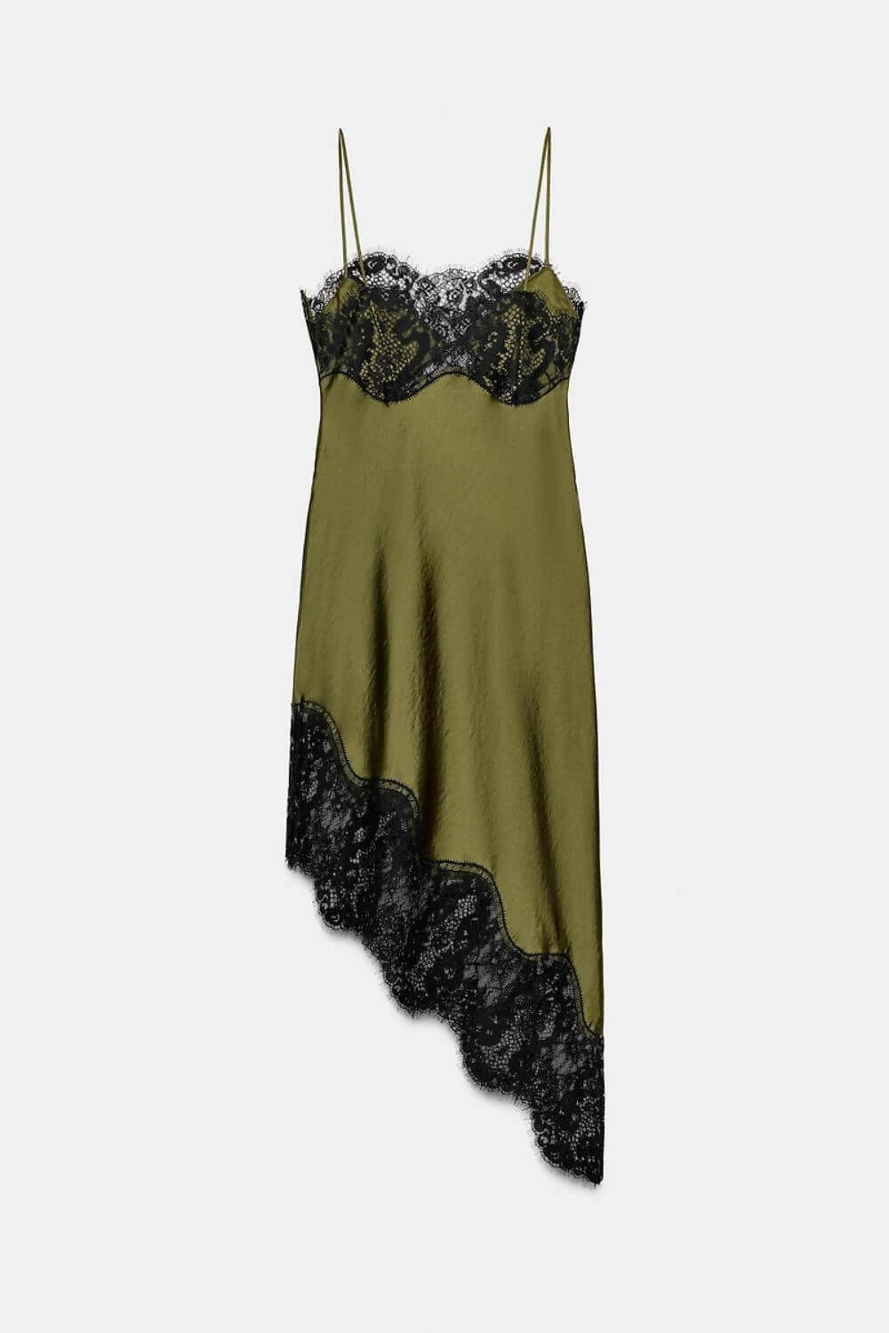 Marie | Slip Dress Fluido com Acabamento em Renda Preta e Barra Assimétrica