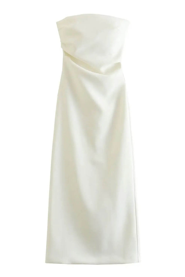 Anya | Vestido Midi Branco Tomara que Caia com Fenda Sutil