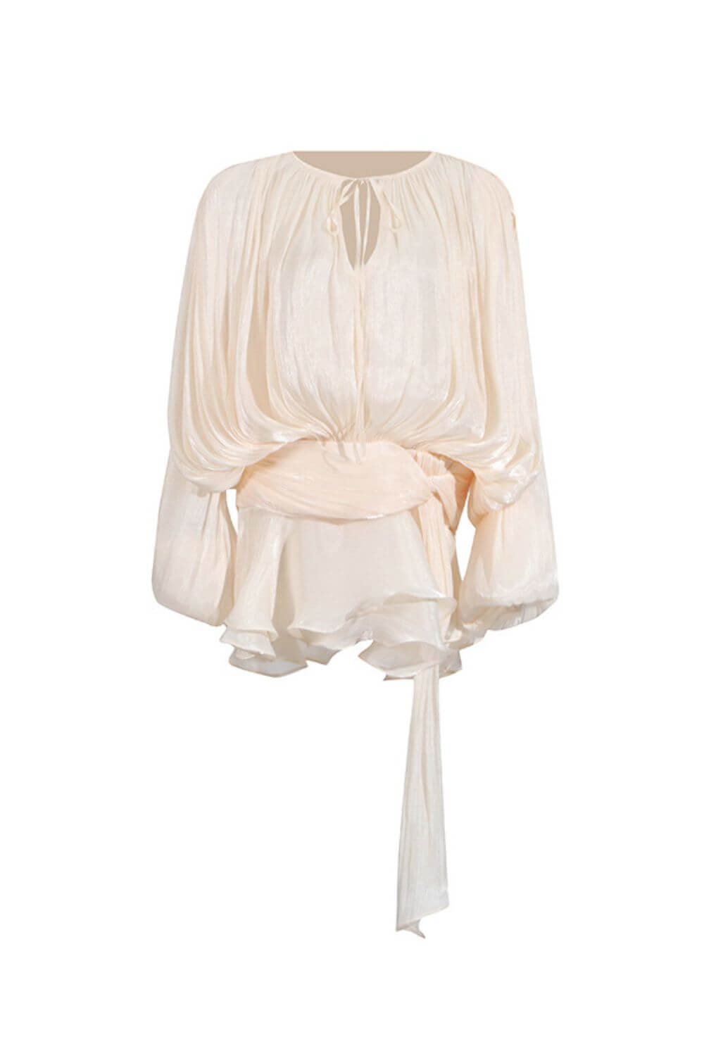 Lavínia | Vestido Curto em Tecido Fluido Off-White com Manga Bufante e Amarração Frontal