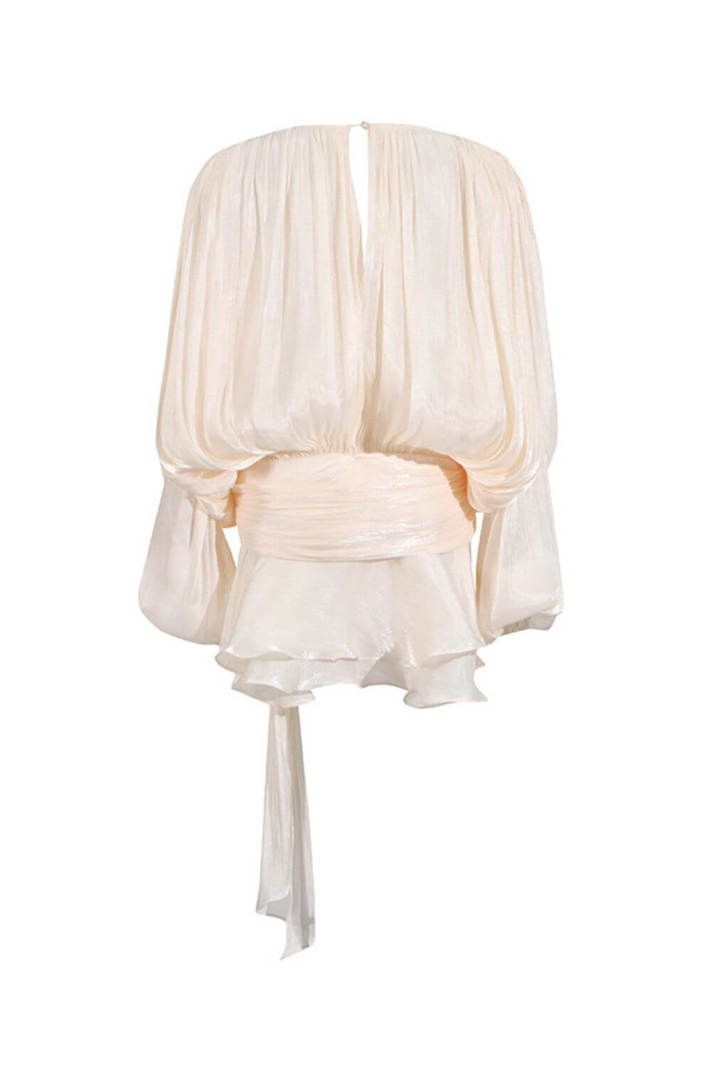 Lavínia | Vestido Curto em Tecido Fluido Off-White com Manga Bufante e Amarração Frontal