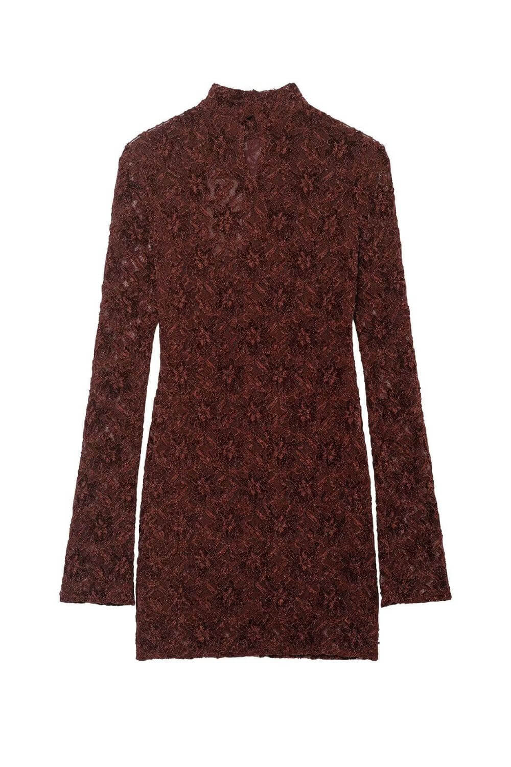 Fiora | Vestido Mini Bodycon em Renda Floral Bordô com Gola Alta e Manga Longa