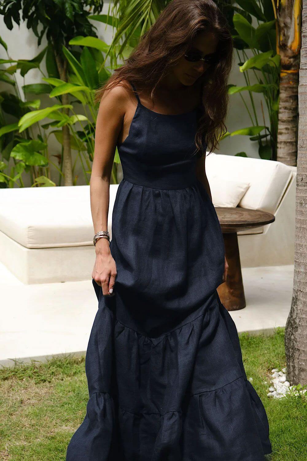 Kimmy | Vestido Longo Azul Marinho em Algodão com Costas Abertas