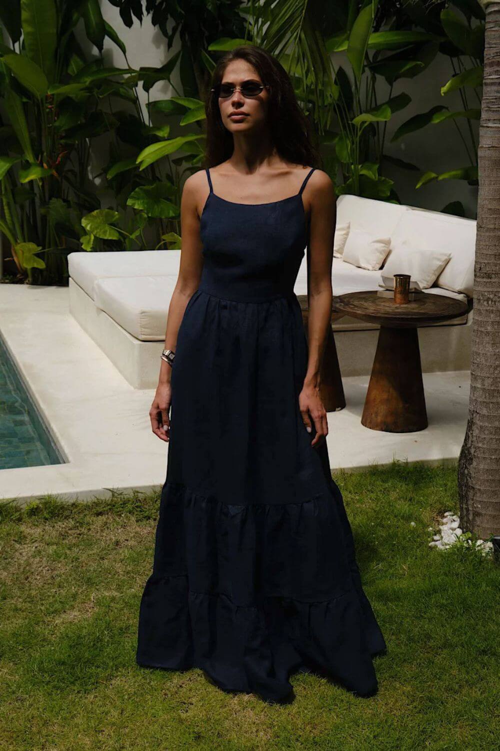 Kimmy | Vestido Longo Azul Marinho em Algodão com Costas Abertas