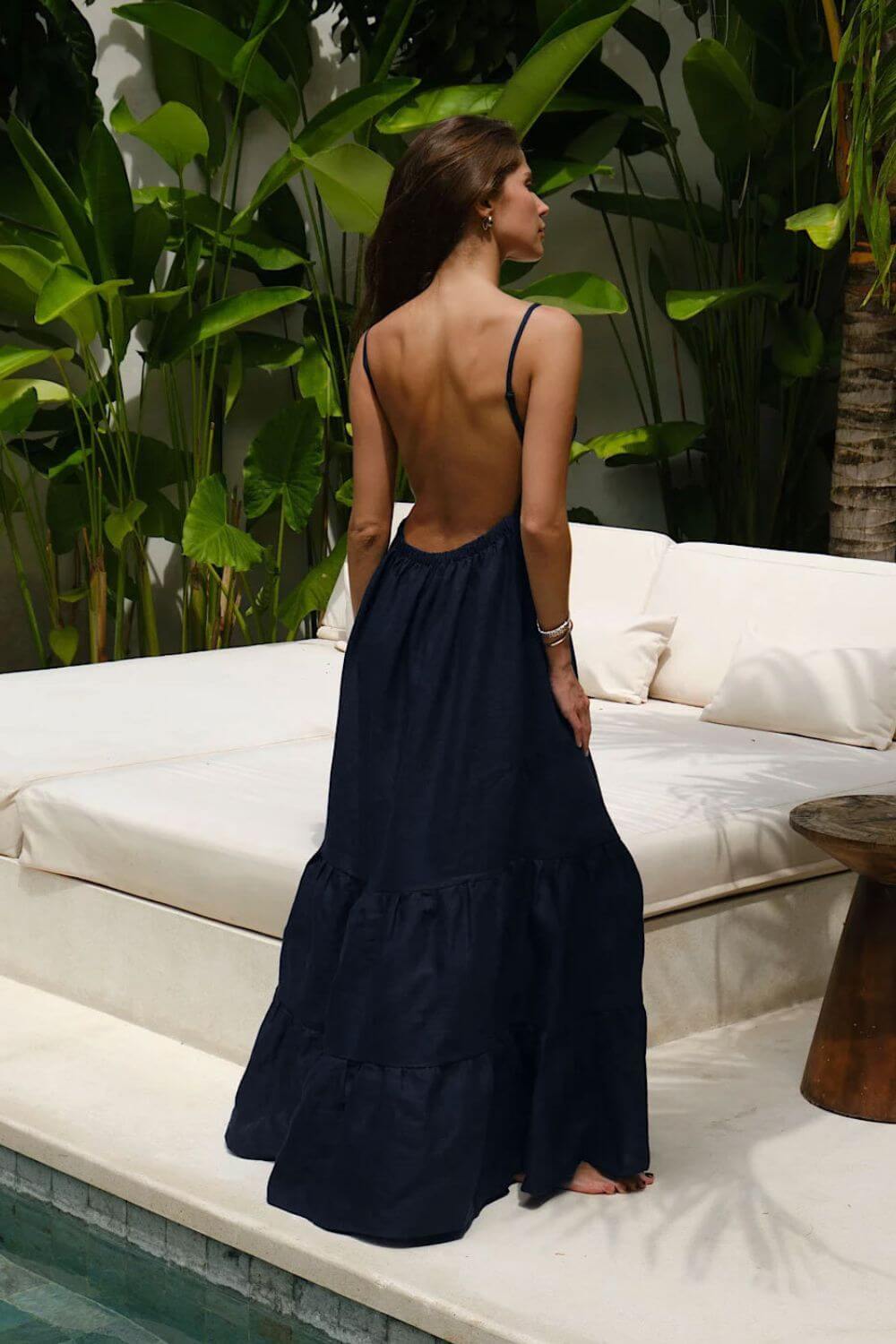 Kimmy | Vestido Longo Azul Marinho em Algodão com Costas Abertas