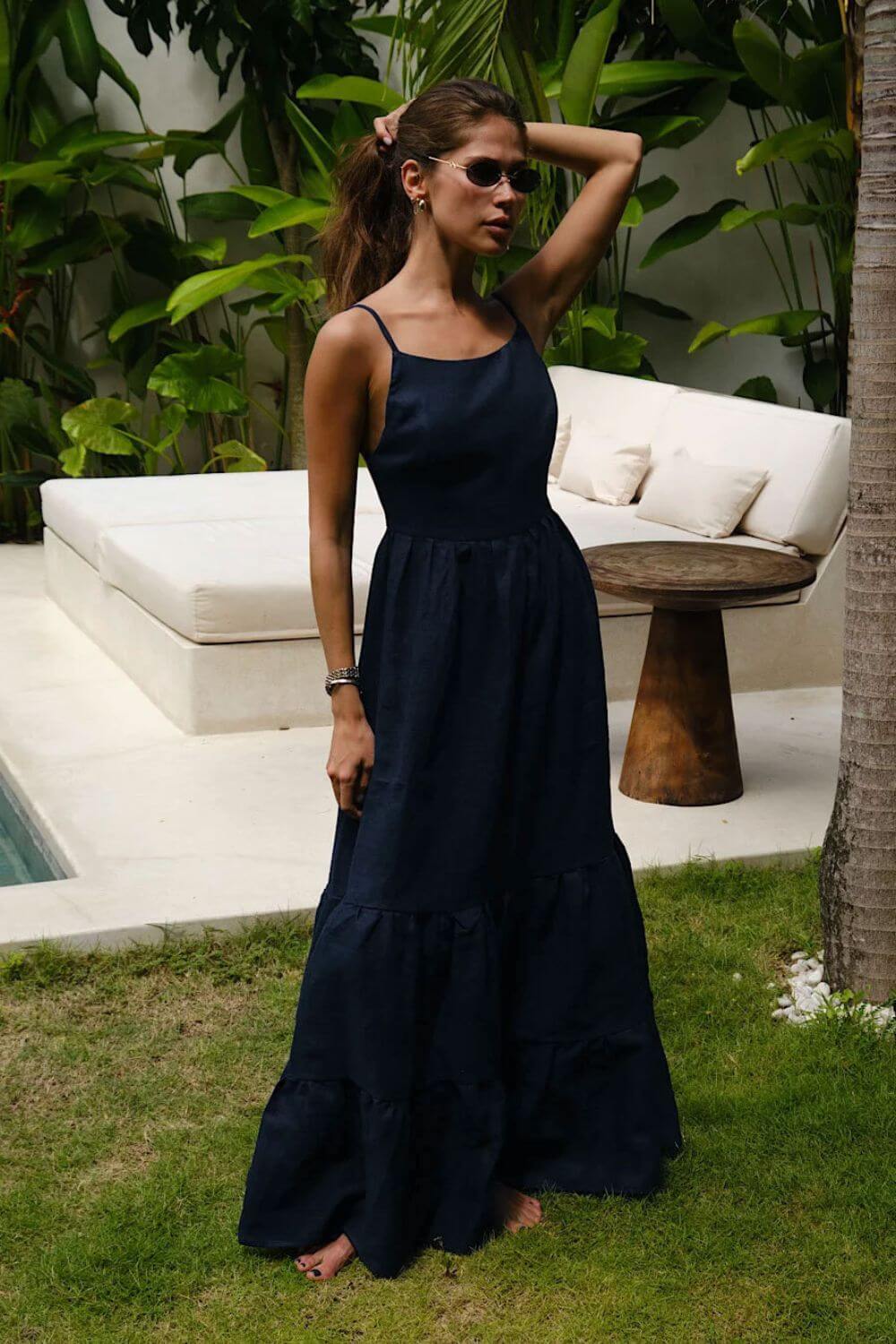 Kimmy | Vestido Longo Azul Marinho em Algodão com Costas Abertas