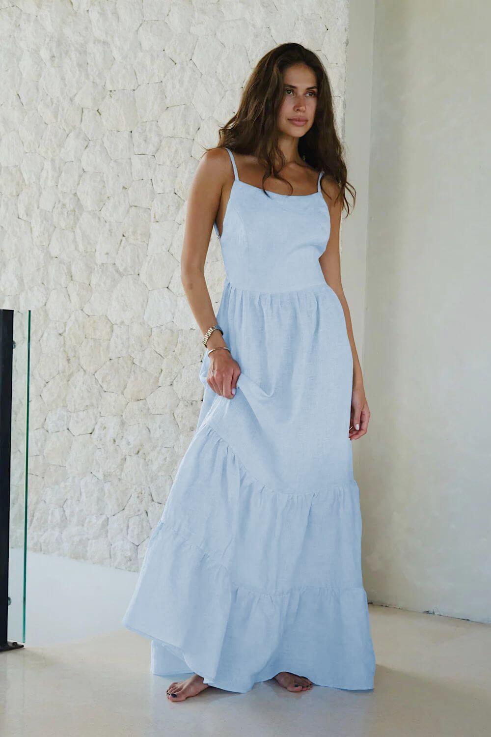 Kimmy | Vestido Longo Azul Marinho em Algodão com Costas Abertas
