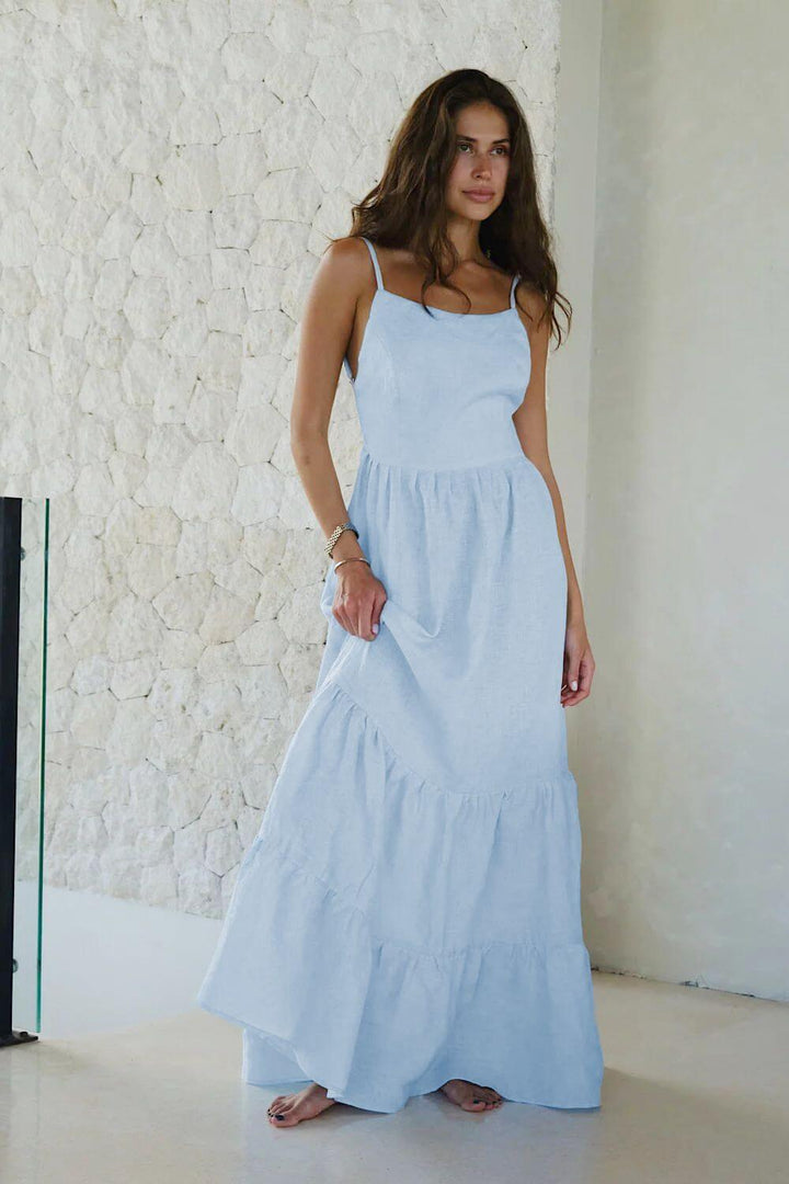 Kimmy | Vestido Longo Azul Marinho em Algodão com Costas Abertas