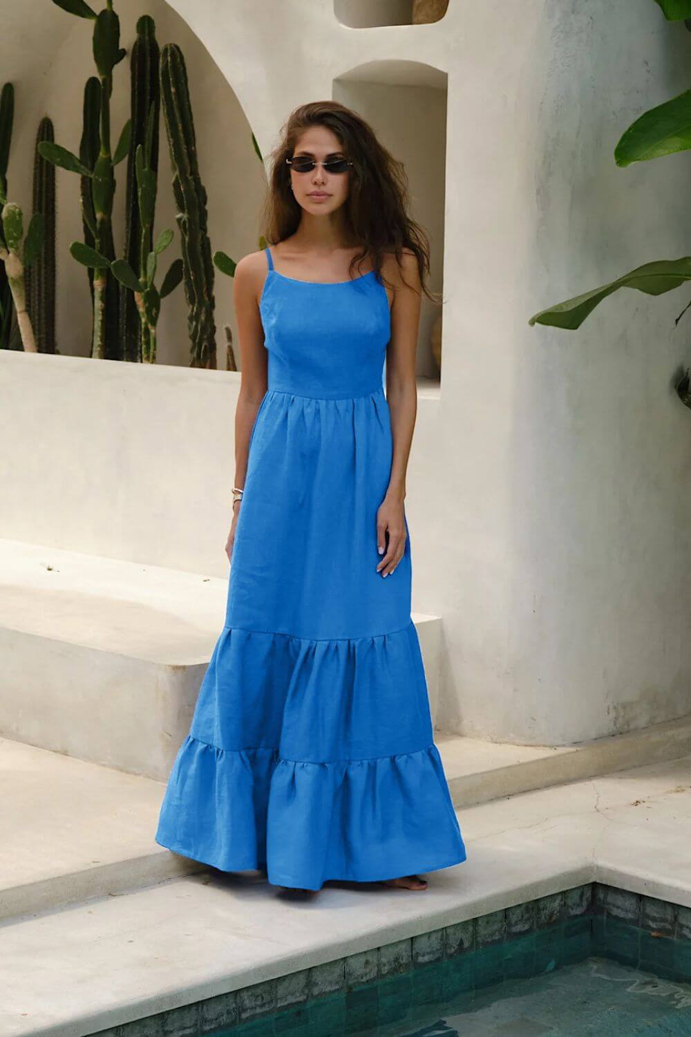 Kimmy | Vestido Longo Azul Marinho em Algodão com Costas Abertas