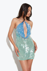 Amelie | Vestido Mini em Paetê Verde Água com Halter Assimétrico