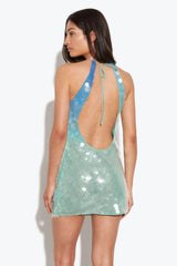 Amelie | Vestido Mini em Paetê Verde Água com Halter Assimétrico