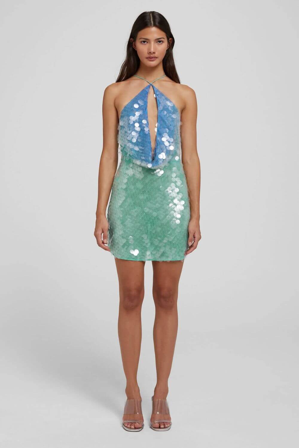 Amelie | Vestido Mini em Paetê Verde Água com Halter Assimétrico