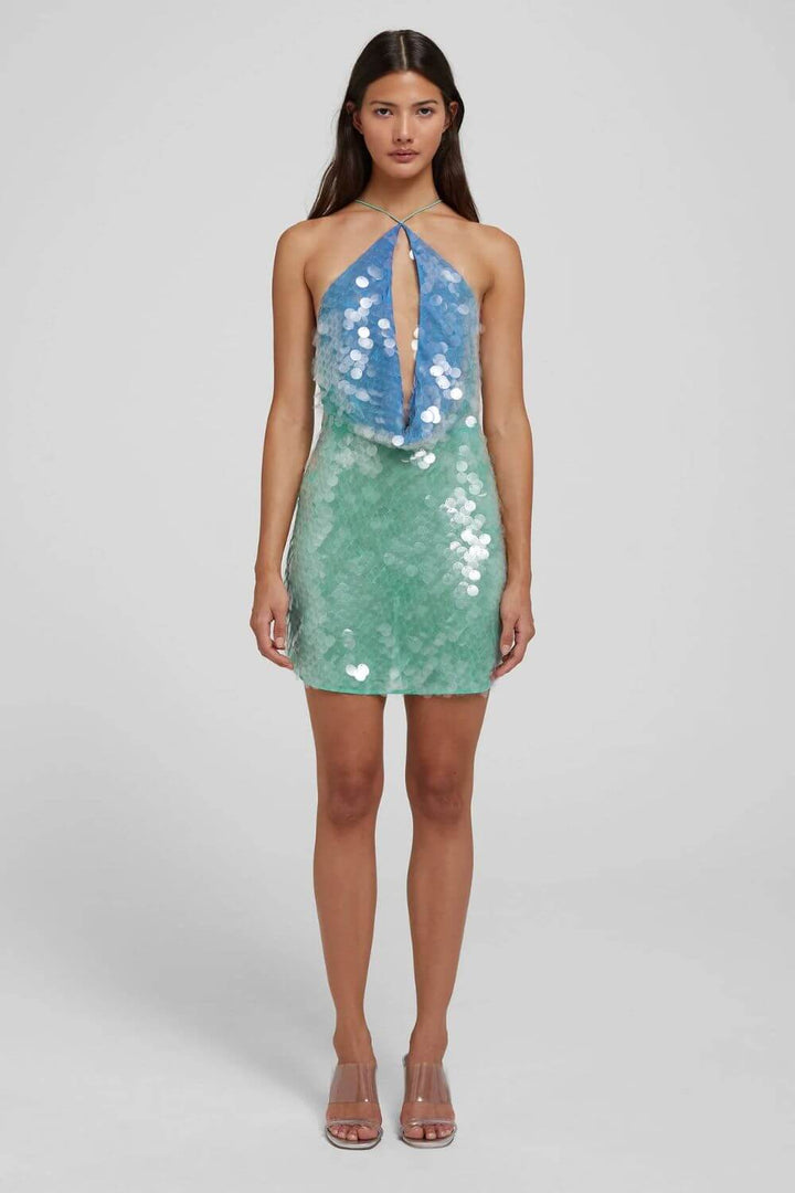 Amelie | Vestido Mini em Paetê Verde Água com Halter Assimétrico