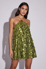 Dandara | Vestido Curto Evasê em Paetê Verde Oliva Dourado