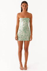 Aricia | Vestido Curto Bustier com Estampa Floral em Verde Menta