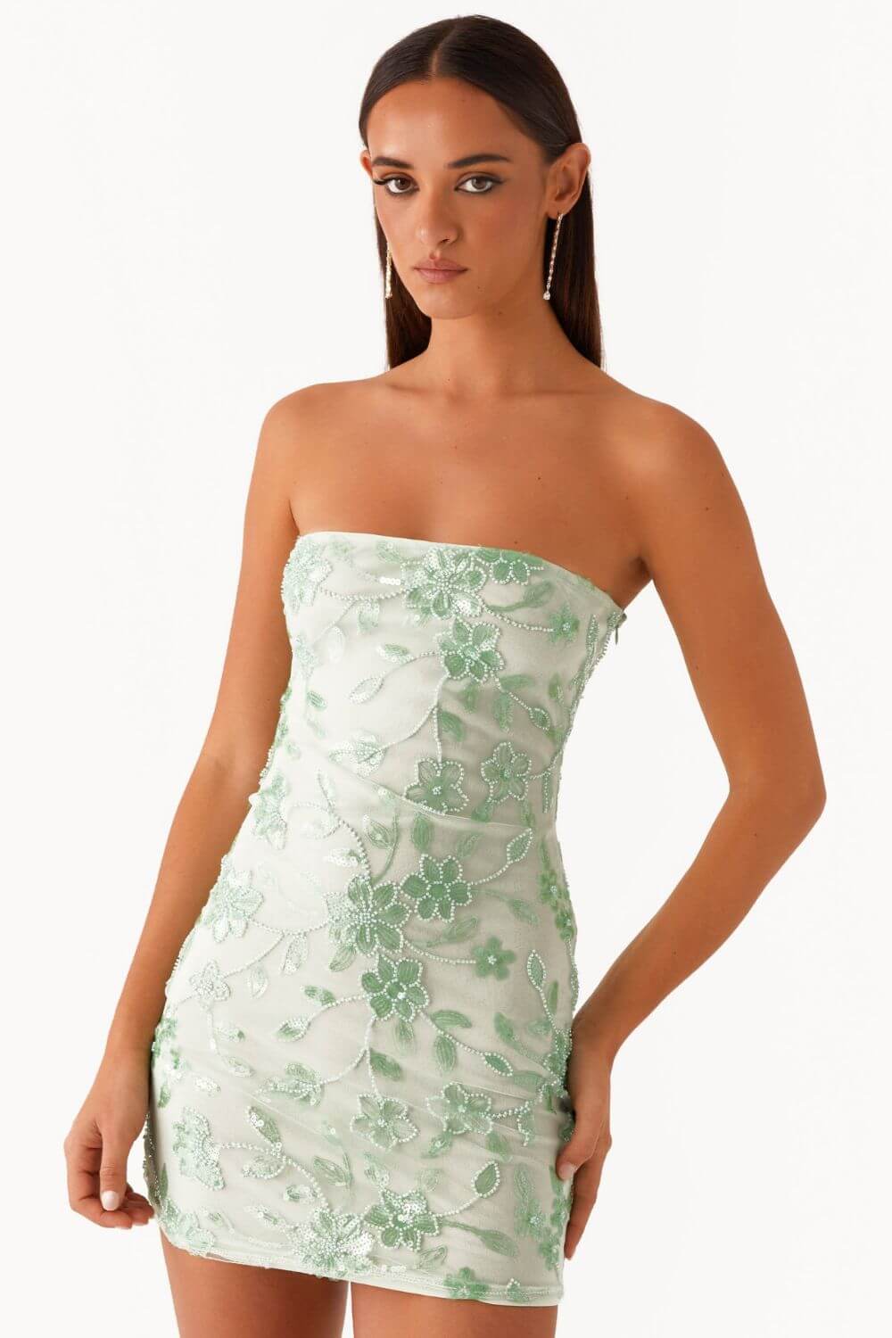 Aricia | Vestido Curto Bustier com Estampa Floral em Verde Menta