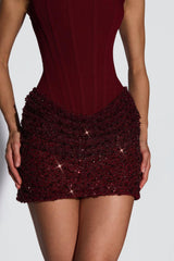 Cornelia | Vestido Mini Bodycon em Vinho com Corset Bordado em Pedraria