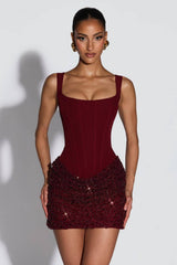 Cornelia | Vestido Mini Bodycon em Vinho com Corset Bordado em Pedraria