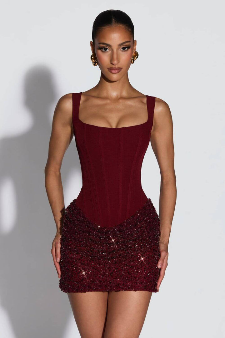 Cornelia | Vestido Mini Bodycon em Vinho com Corset Bordado em Pedraria