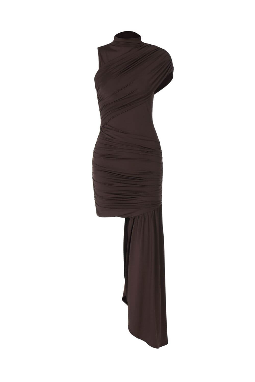 Larissa | Vestido Midi Chocolate com Gola Alta e Fenda Lateral
