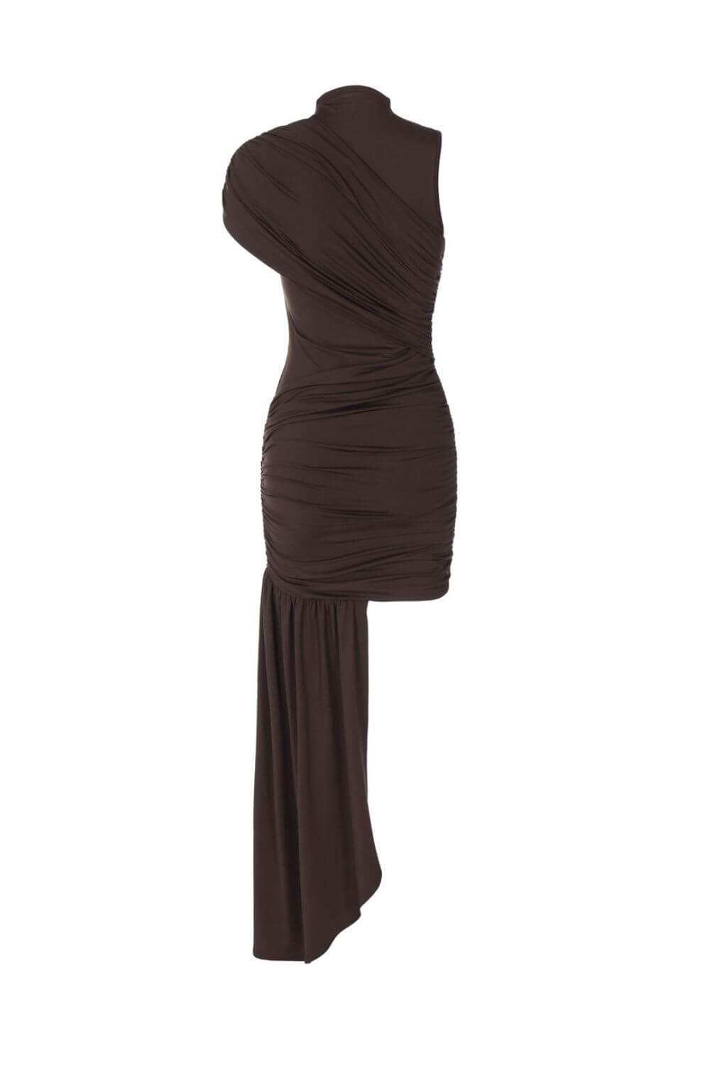 Larissa | Vestido Midi Chocolate com Gola Alta e Fenda Lateral