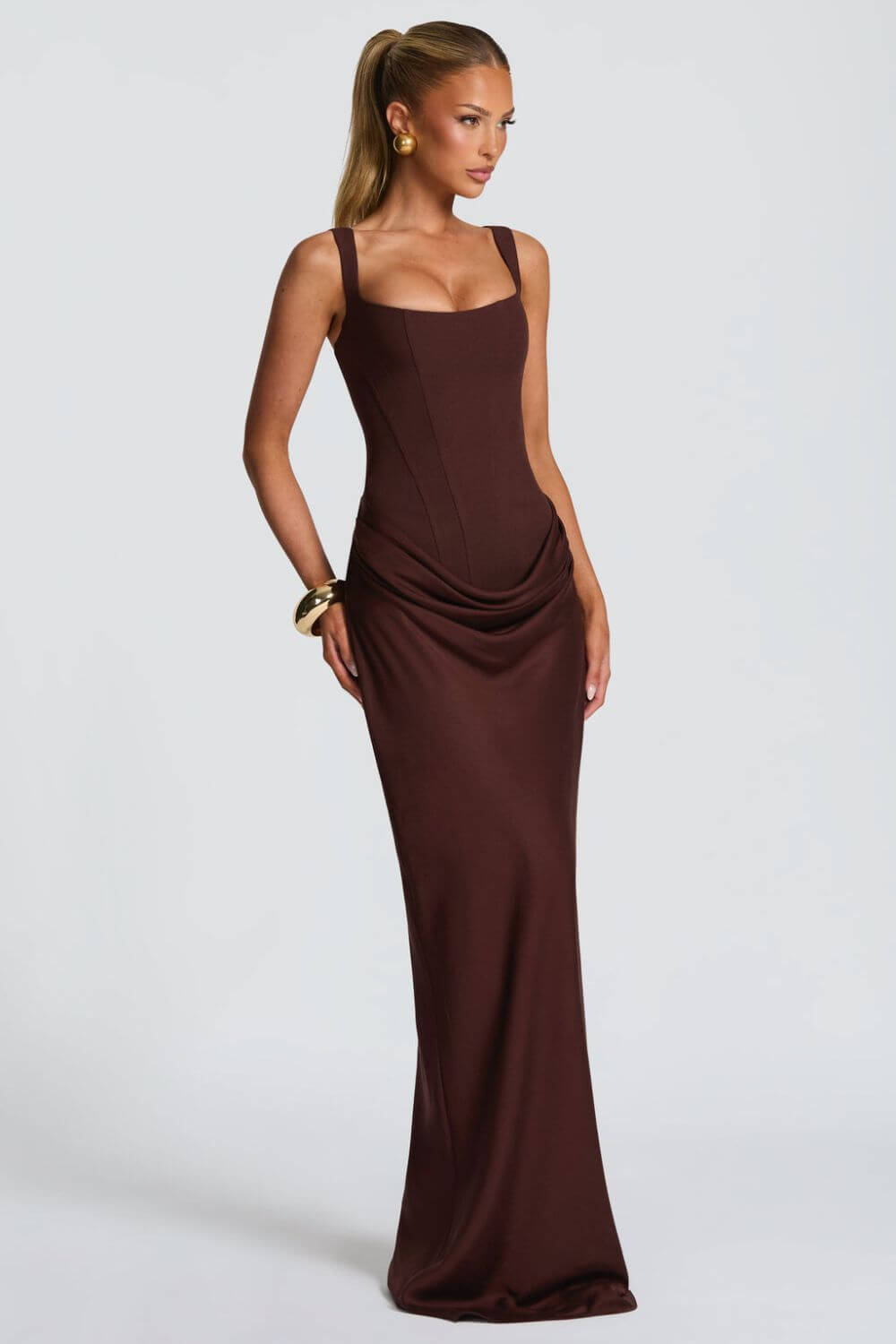 Tainá | Vestido Longo Sereia em Chocolate com Corset Estruturado e Franzido