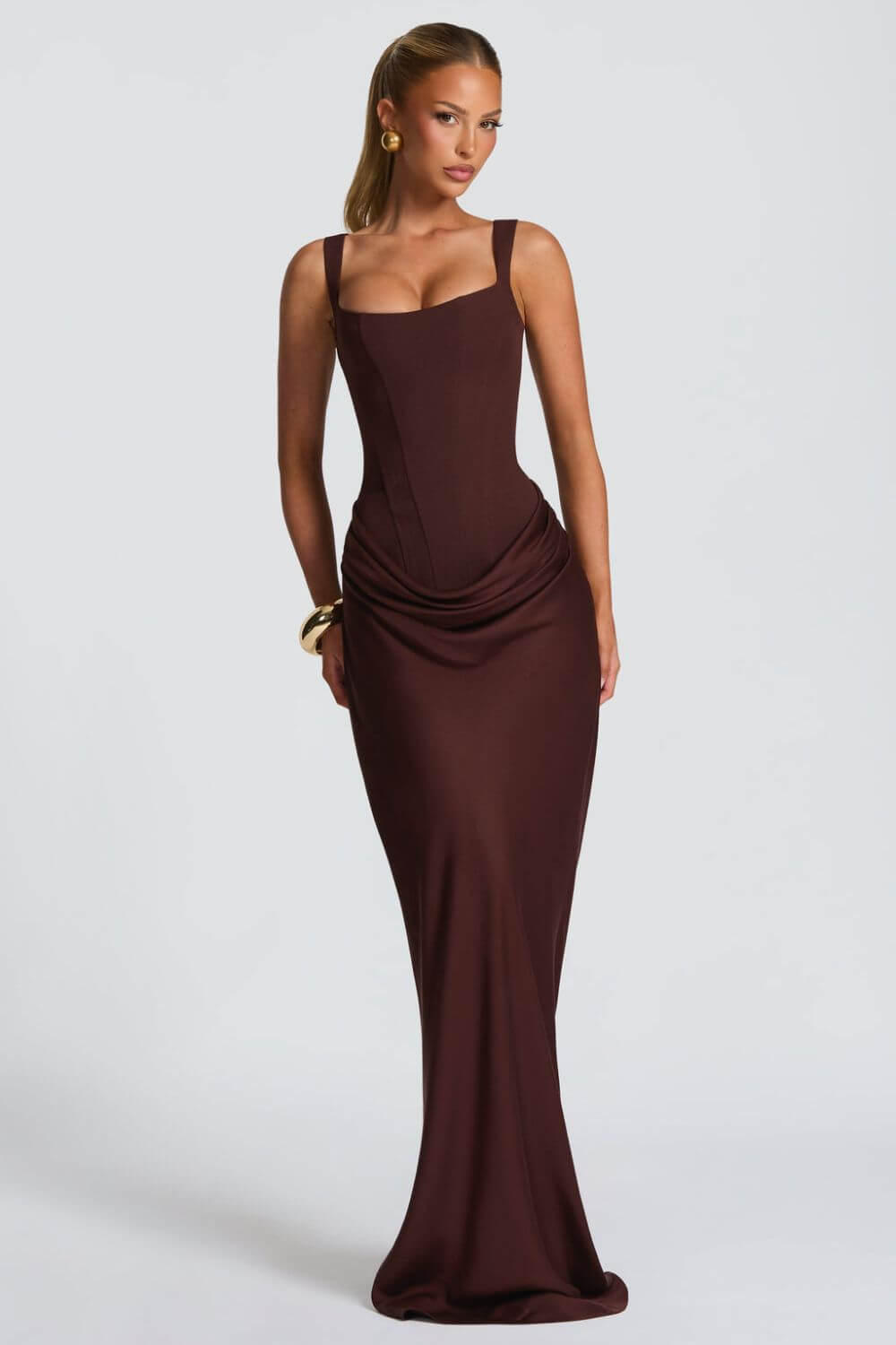 Tainá | Vestido Longo Sereia em Chocolate com Corset Estruturado e Franzido