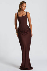Tainá | Vestido Longo Sereia em Chocolate com Corset Estruturado e Franzido