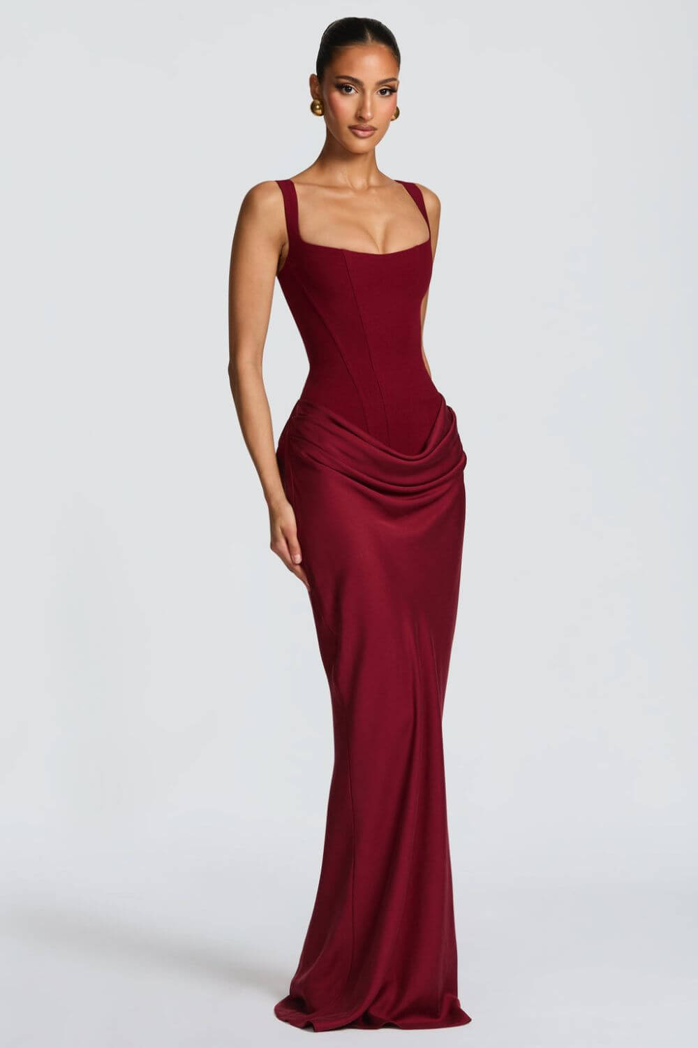 Tainá | Vestido Longo Sereia em Chocolate com Corset Estruturado e Franzido