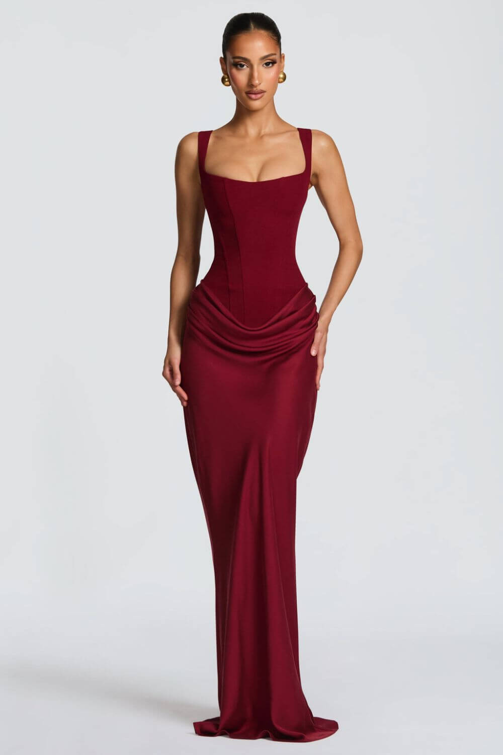 Tainá | Vestido Longo Sereia em Chocolate com Corset Estruturado e Franzido