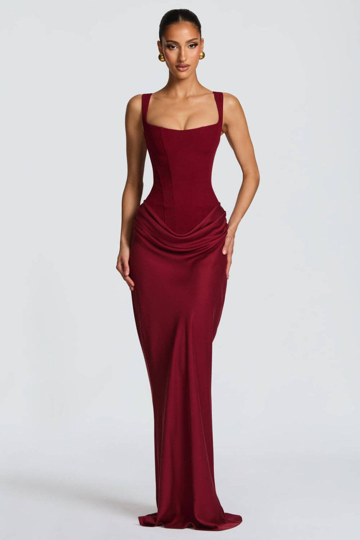 Tainá | Vestido Longo Sereia em Chocolate com Corset Estruturado e Franzido