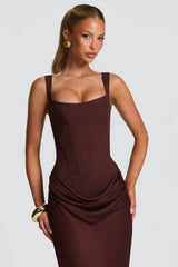 Tainá | Vestido Longo Sereia em Chocolate com Corset Estruturado e Franzido