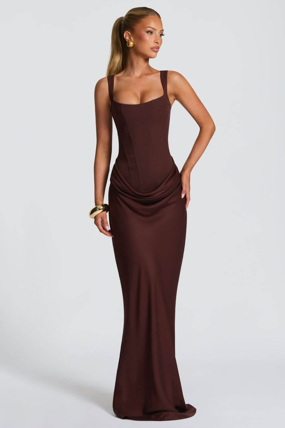 Tainá | Vestido Longo Sereia em Chocolate com Corset Estruturado e Franzido