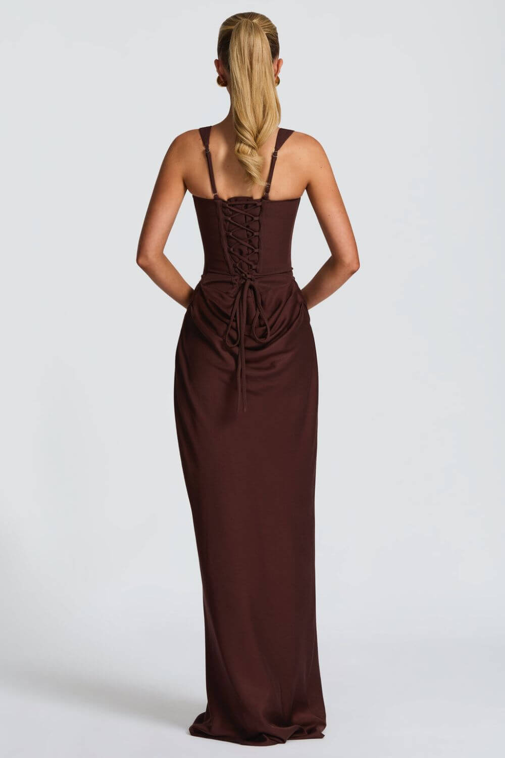 Tainá | Vestido Longo Sereia em Chocolate com Corset Estruturado e Franzido