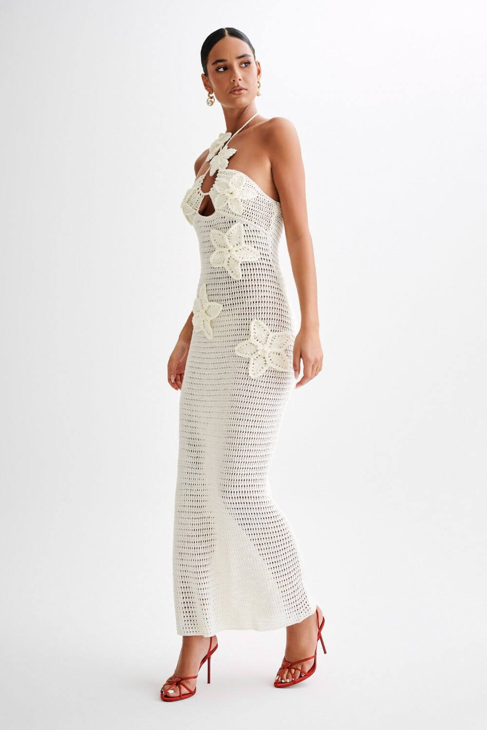 Adriana | Vestido Longo Bege em Renda com Alça Assimétrica