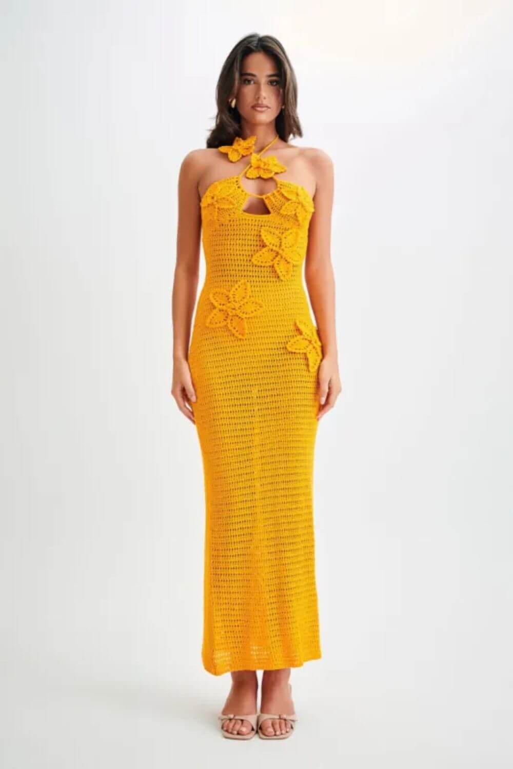 Adriana | Vestido Longo Bege em Renda com Alça Assimétrica