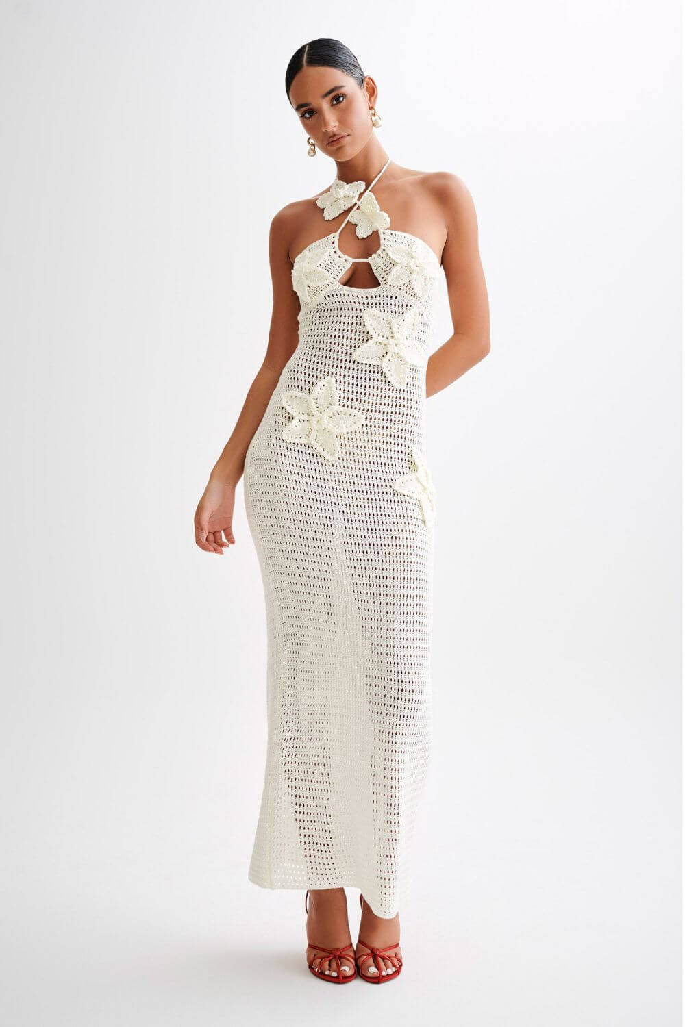Adriana | Vestido Longo Bege em Renda com Alça Assimétrica