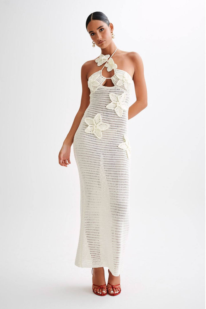 Adriana | Vestido Longo Bege em Renda com Alça Assimétrica
