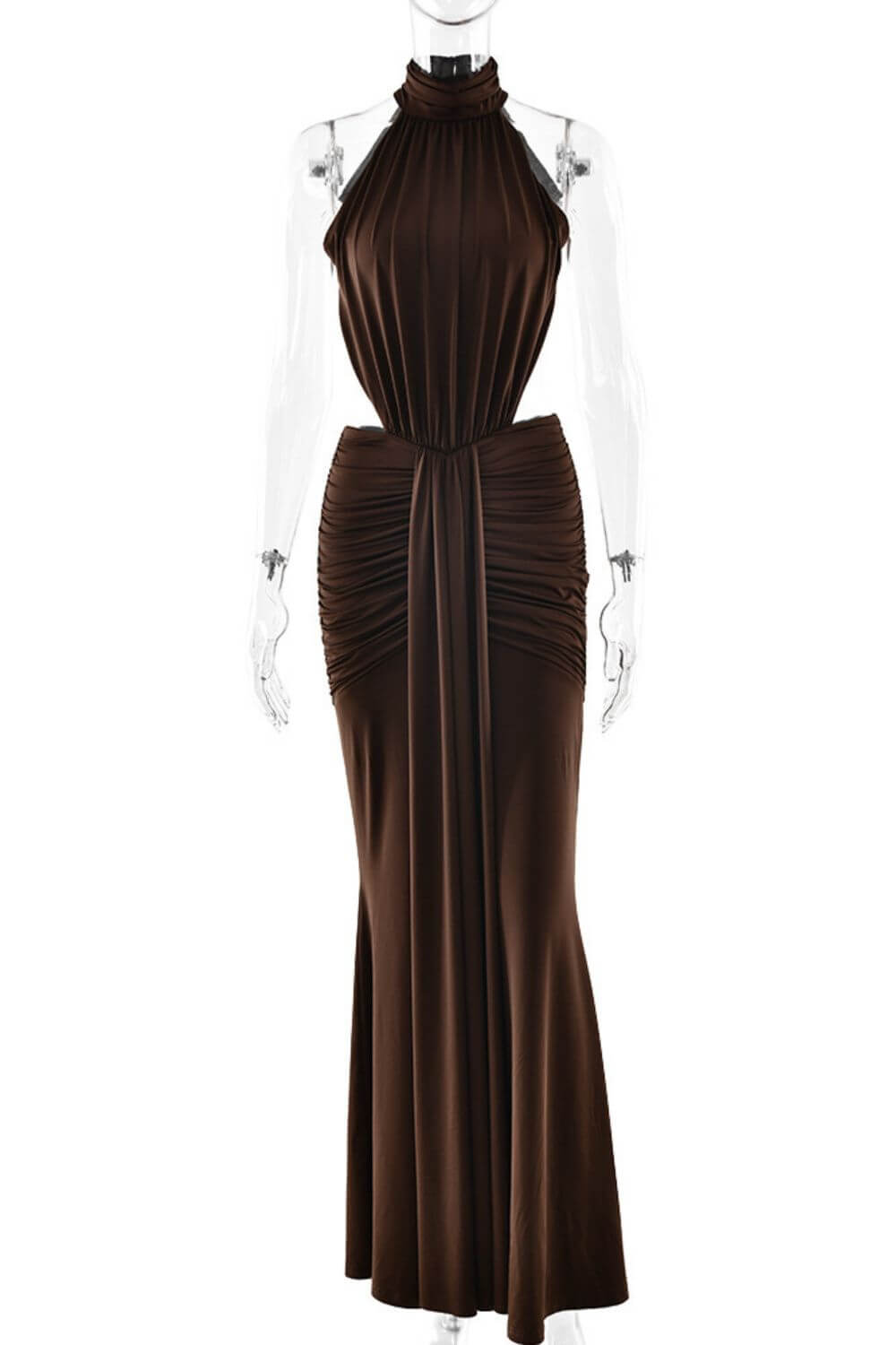 Mahogany | Vestido Longo Sereia em Mogno com Gola Alta Halter e Costas Abertas