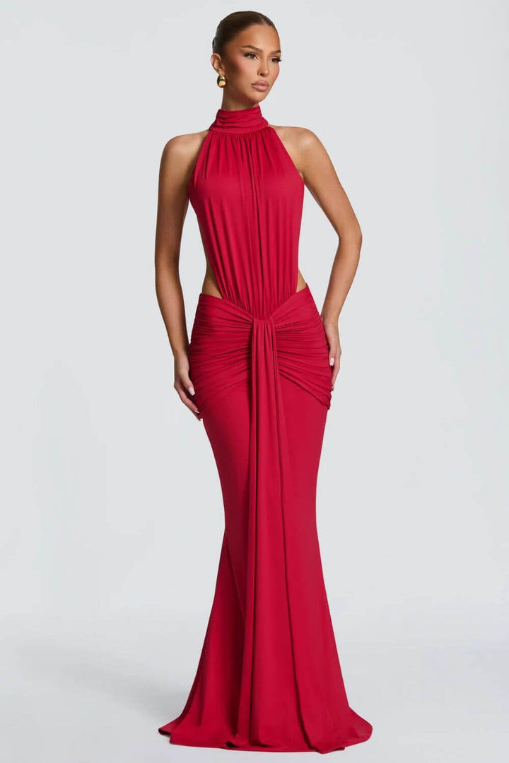 Mahogany | Vestido Longo Sereia em Mogno com Gola Alta Halter e Costas Abertas
