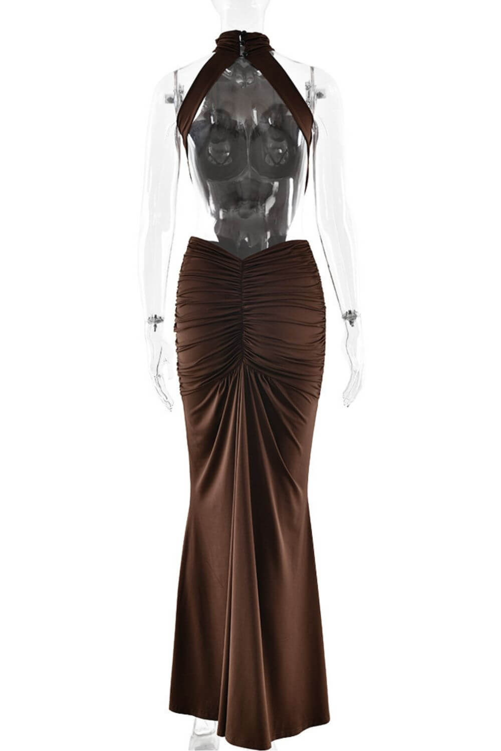 Mahogany | Vestido Longo Sereia em Mogno com Gola Alta Halter e Costas Abertas