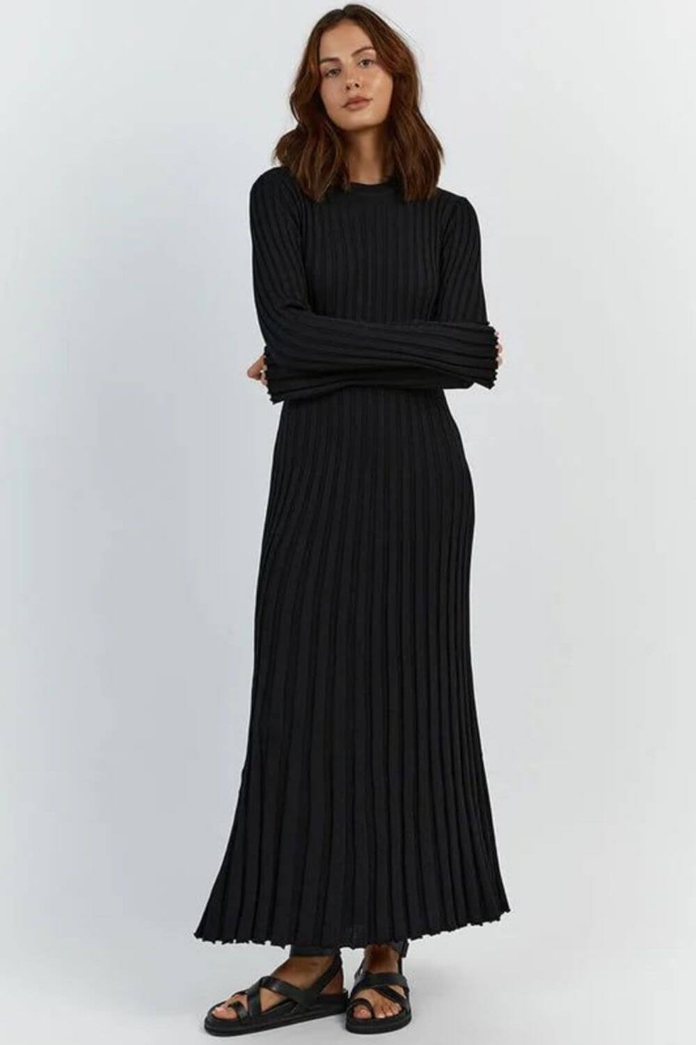 Olga | Vestido Longo em Tricô Canelado Off-White com Manga Longa
